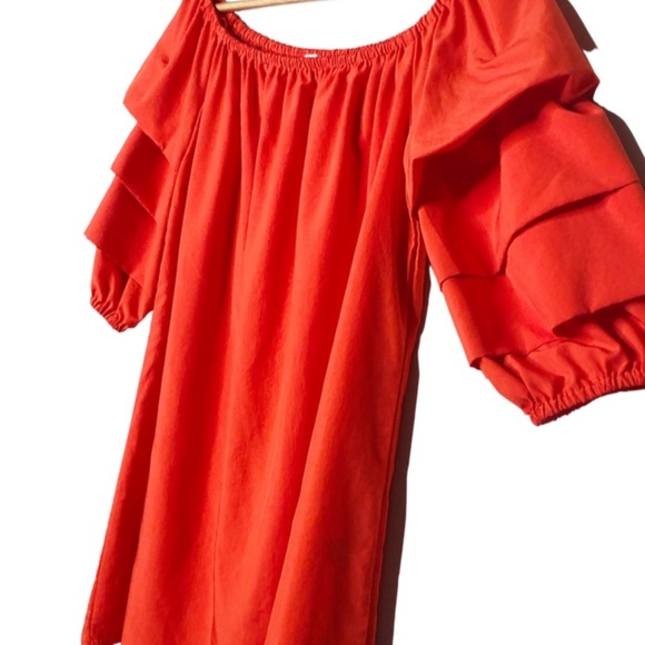 Elodie Red Orange Off Shoulder Ruffle Sleeve Dress Women A Line Mini Dress - Picture 5 of 16